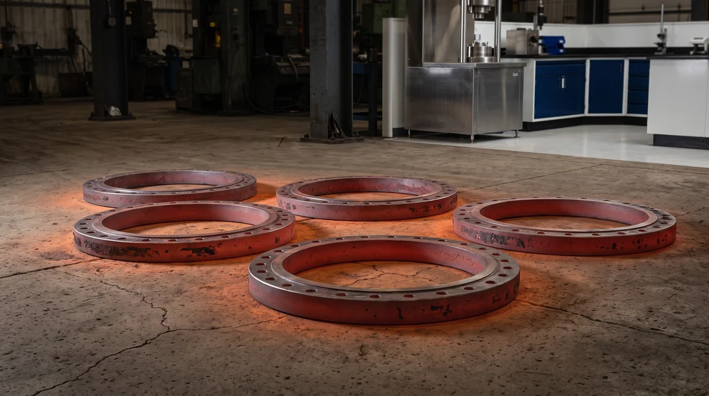 Forged steel flanges, still glowing hot, cooling on the concrete floor of a forge shop