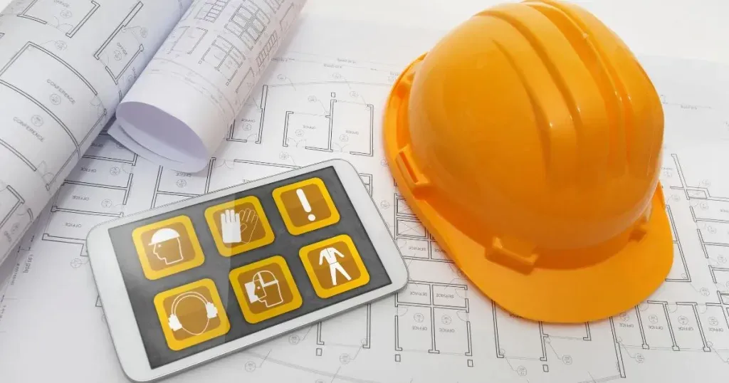 Yellow safety hard hat on engineering drawings, next to a tablet showing personal protective equipment icons