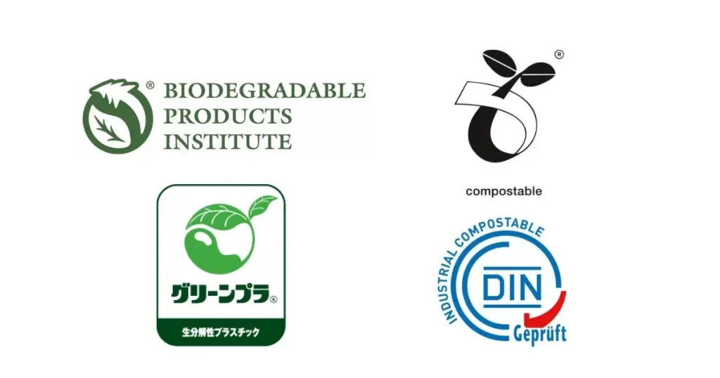 Four certification marks: Biodegradable Products Institute (BPI) logo, European Bioplastics Seedling compostable label, Japan BioPlastics Association GreenPla mark and DIN CERTCO DIN-Geprüft Industrial Compostable label