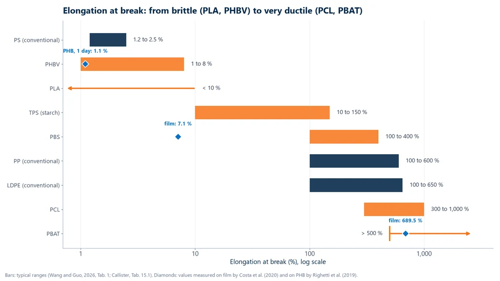 Chart of elongation at break on a logarithmic scale: PS 1.2 to 2.5%, PHBV 1 to 8%, PLA less than 10%, TPS 10 to 150%, PBS 100 to 400%, PP 100 to 600%, LDPE 100 to 650%, PCL 300 to 1,000% and PBAT more than 500%, with the measured values of 689.5% for the PBAT film, 7.1% for the PBS film and 1.1% for PHB