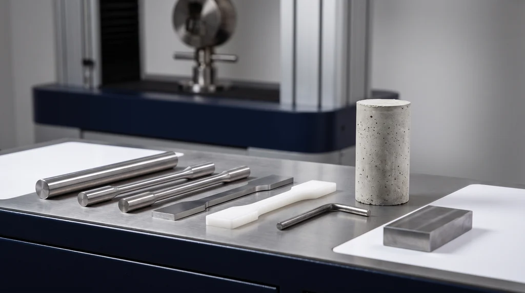 Steel, polymer and concrete test specimens and a hardness test block on the bench of a materials testing laboratory