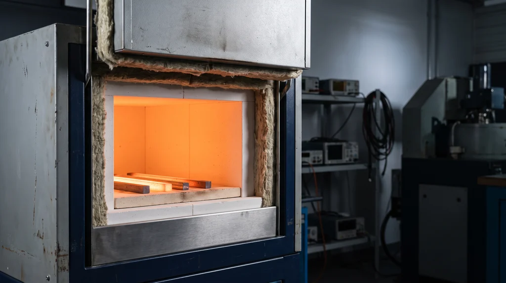 Industrial electric furnace with the door open, the chamber glowing hot and heated steel bars on the hearth