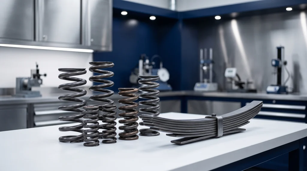 Steel coil springs of various sizes next to a leaf spring on a workbench