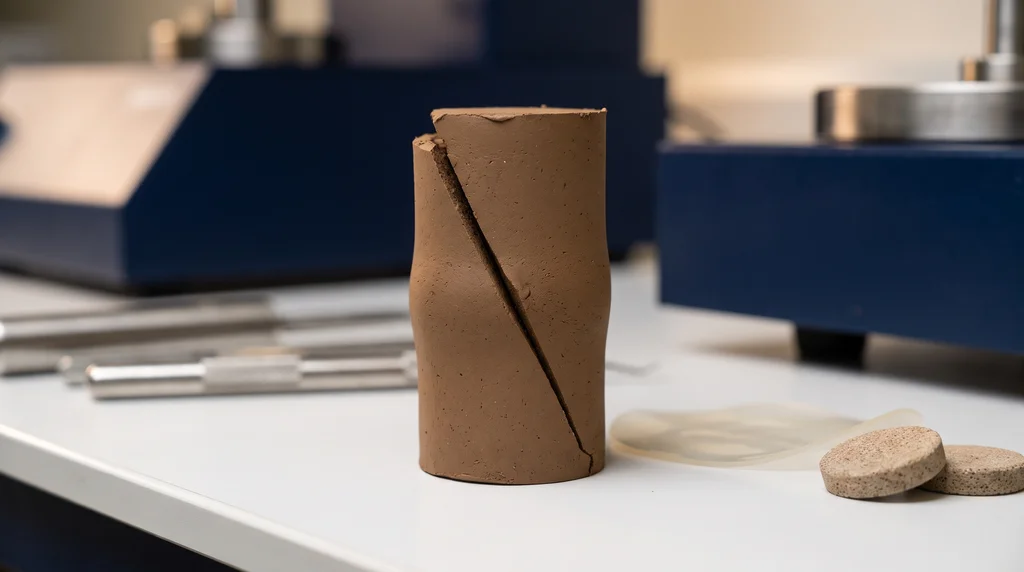 Clay specimen failed in a compression test, with the shear plane inclined at about 60 degrees from the horizontal and the upper wedge displaced