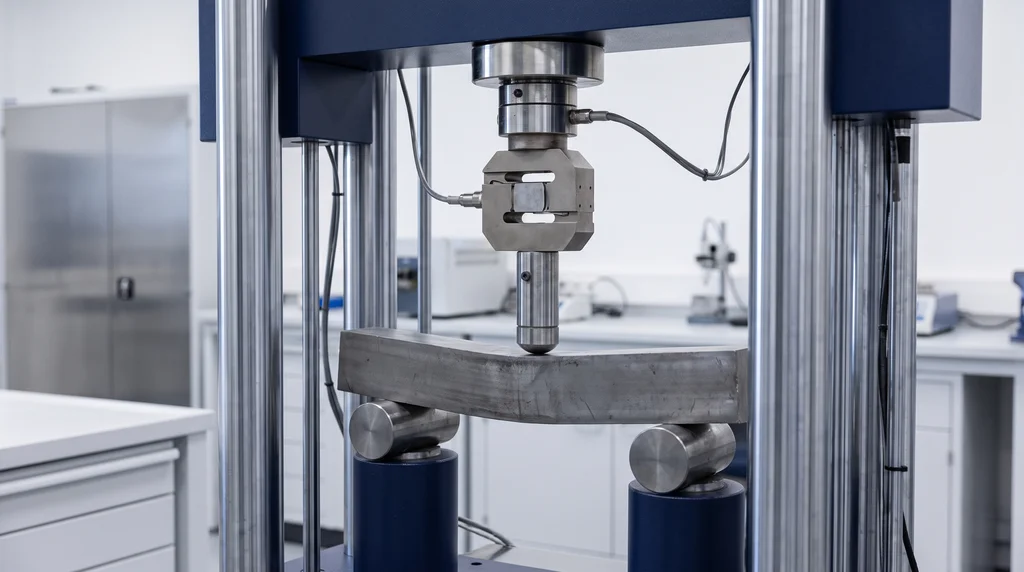 Steel bar in a three-point flexural test on a universal testing machine: two support rollers, loading nose at mid-span and visible deflection