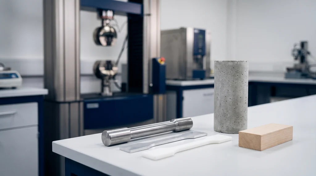 Steel, aluminum, plastic, concrete and wood test specimens before testing, on the bench, with the universal testing machine in the background