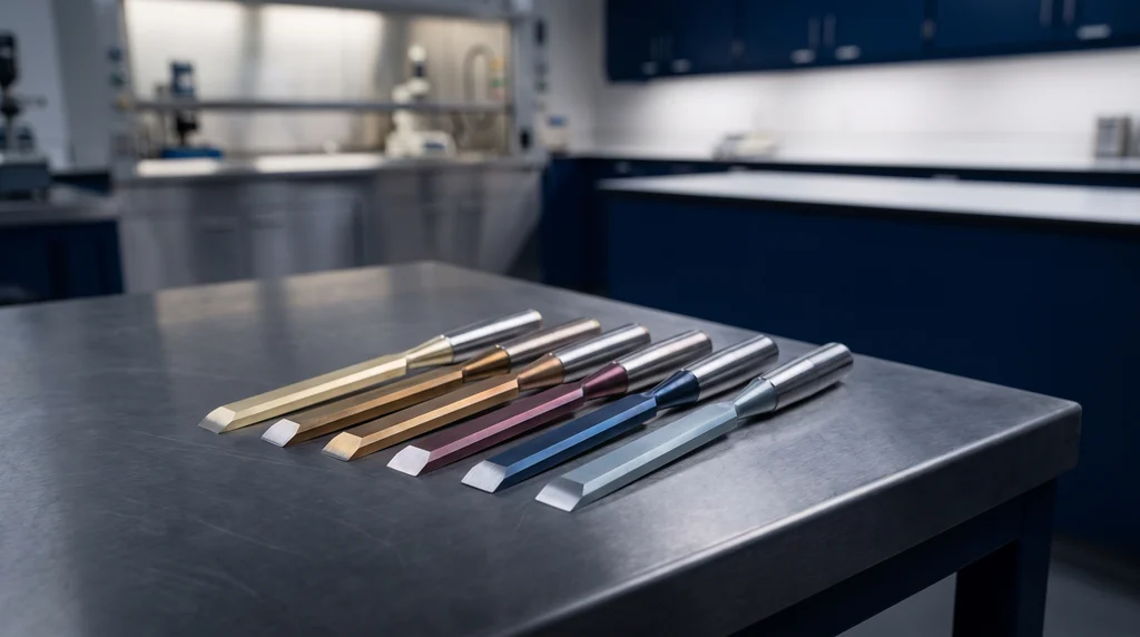 Six hardened steel cold chisels side by side, each with a different oxide color, from light straw to blue