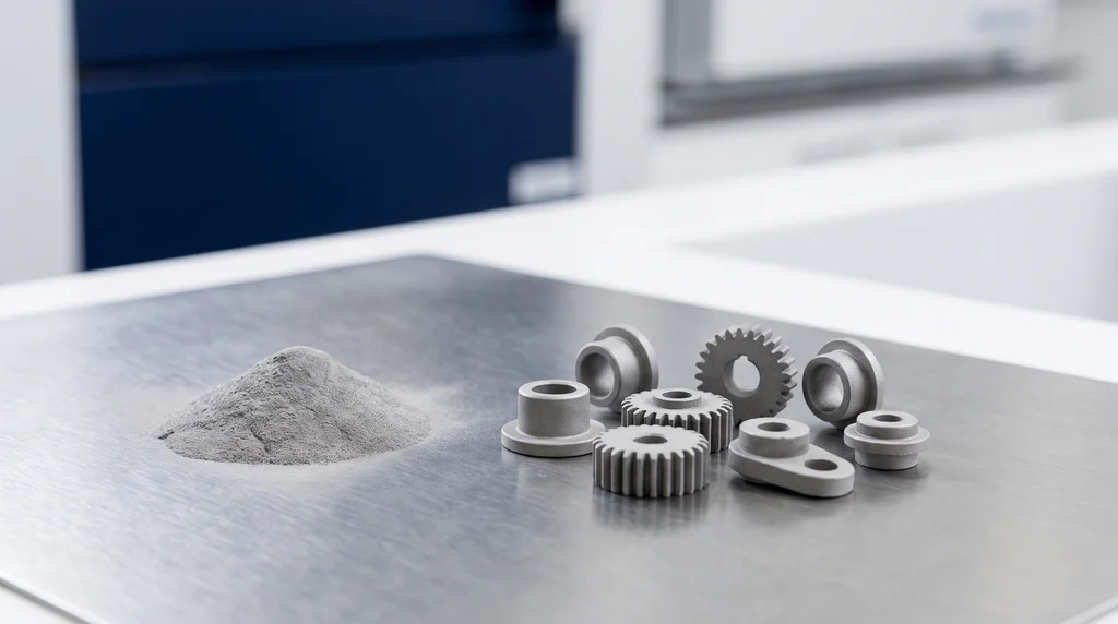 Pile of gray metal powder next to small sintered gears, bushings and cams