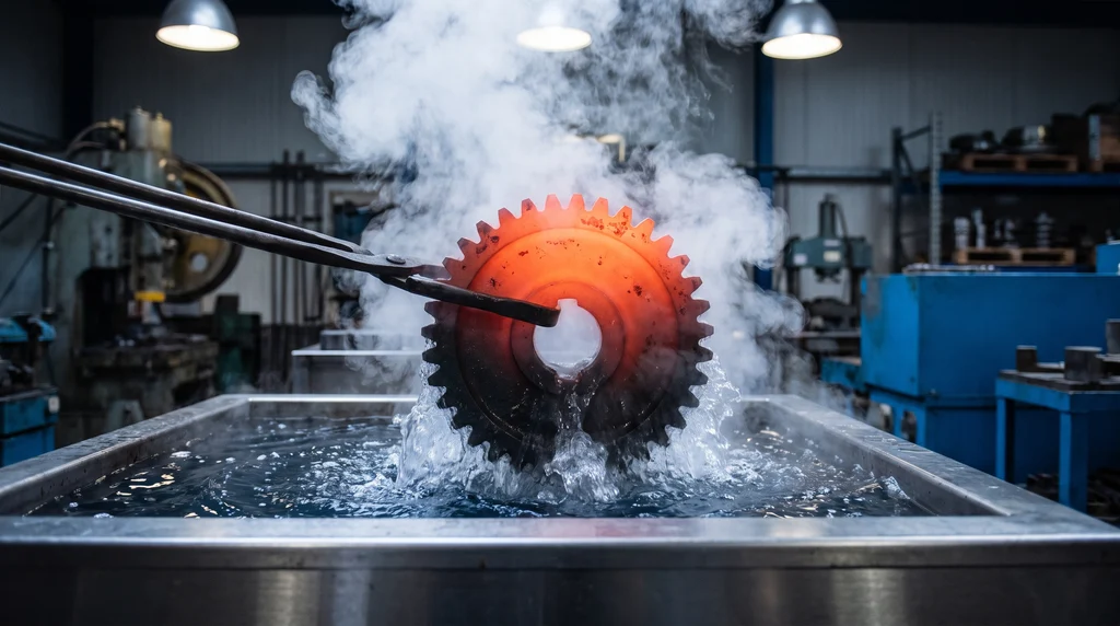 Red-hot steel gear held by tongs being dipped into a water tank that boils and gives off steam