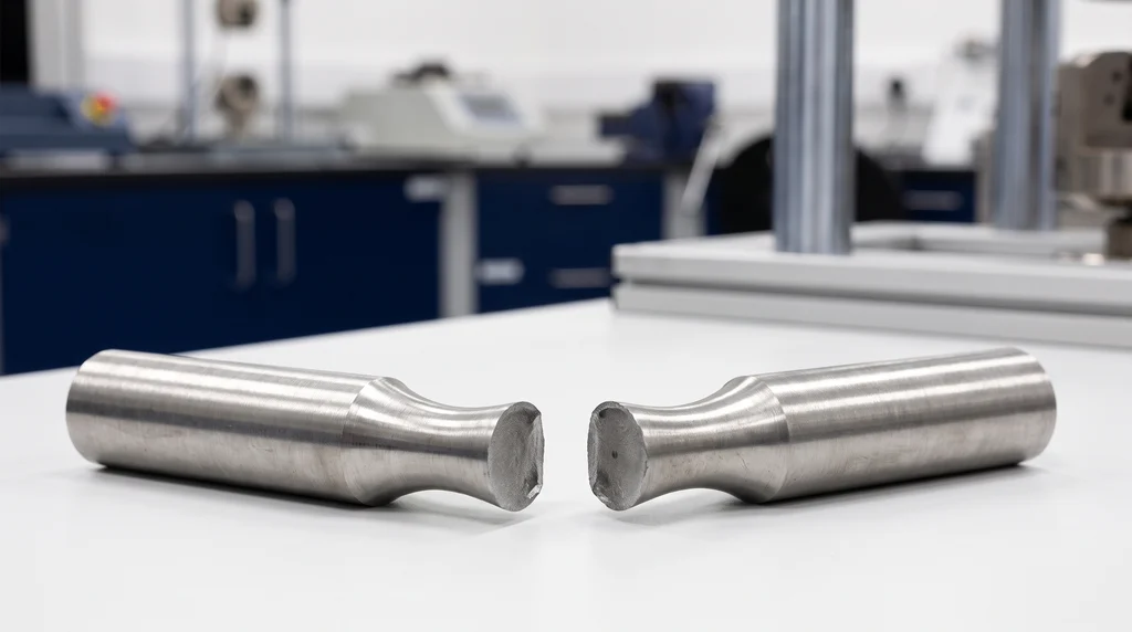 Steel test specimen fractured in a tensile test, showing necking and a ductile cup-and-cone fracture