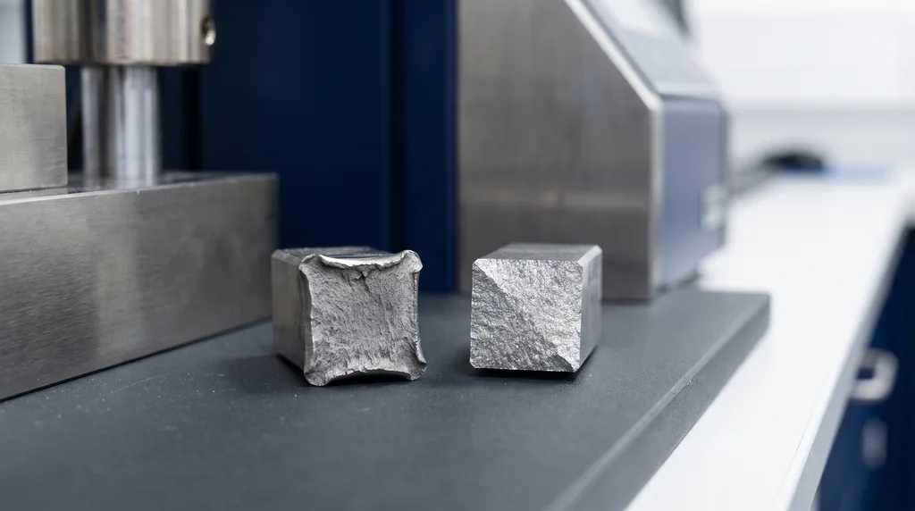 Fracture surfaces of steel test specimens: on the left a fibrous ductile fracture with deformed edges, on the right a flat, crystalline brittle fracture