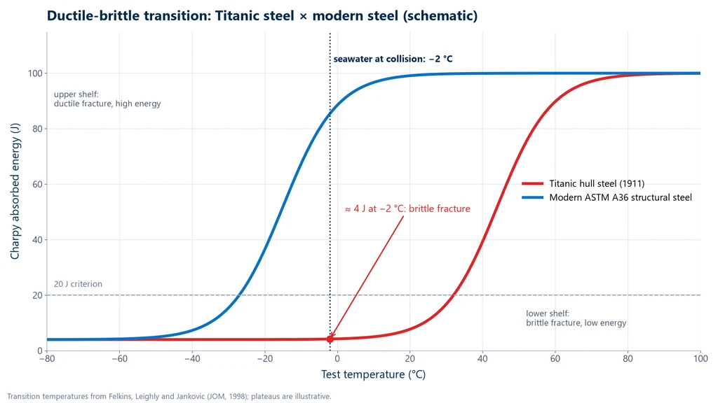 Ductile-to-brittle transition curve of Charpy energy versus temperature for the Titanic steel and for ASTM A36 steel
