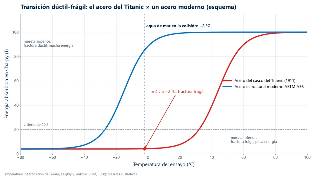 Curva de transición dúctil-frágil de la energía Charpy en función de la temperatura para el acero del Titanic y para el acero ASTM A36