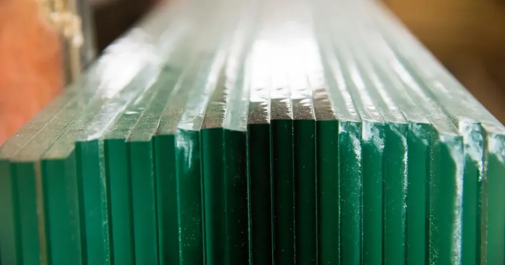 Glass sheets stacked upright, with their greenish edges showing