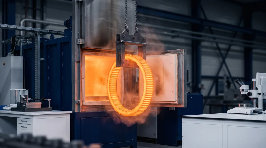 Red-hot steel ring gear, hanging from a lifting fixture, being removed from an industrial furnace