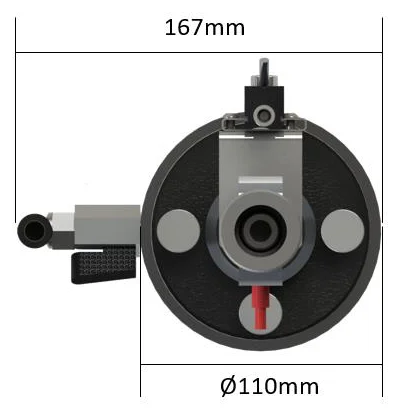 Biopdi D2P-ADS 2-inch consolidation device, top view: 110 mm diameter and 167 mm overall width