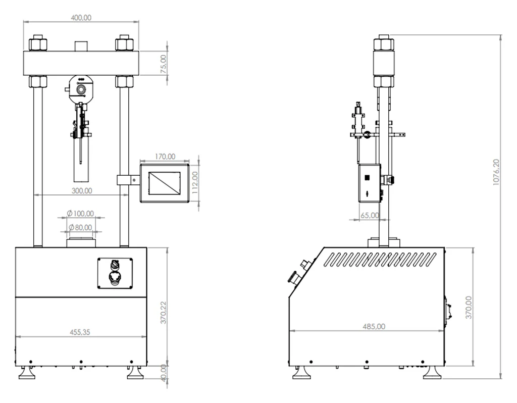 Dimension drawing of the Biopdi PCM-5k consolidation press: 455 mm wide, 485 mm deep, 1,076 mm tall and 300 mm between columns