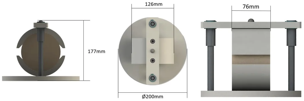 Dimensions of the Biopdi Marshall fixture: 177 mm high, 200 mm diameter base, 126 mm and 76 mm wide