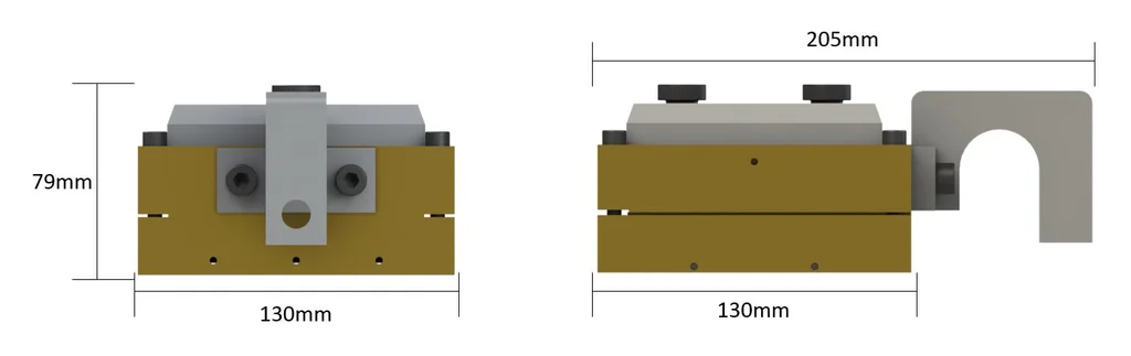 Dimensions of the Biopdi 100 mm direct shear box: 130 mm wide, 79 mm high and 205 mm long including the loading block