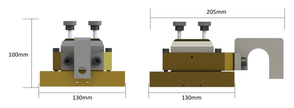 Dimensions of the Biopdi 60 mm direct shear box: 130 mm base, 100 mm height including the handles and 205 mm length including the loading block