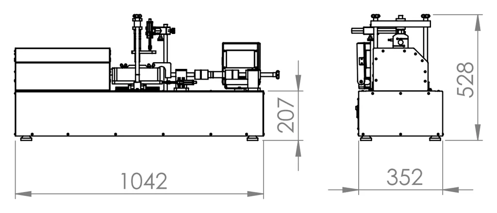 Dimension drawing of the Biopdi automatic electric direct shear machine: 1,042 mm wide, 352 mm deep, 528 mm overall height and 207 mm base height