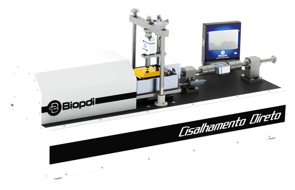 Biopdi 10 kN electric automatic direct shear apparatus, with the shear box in the specimen carrier, the vertical axis with load cell, the horizontal axis and the touchscreen