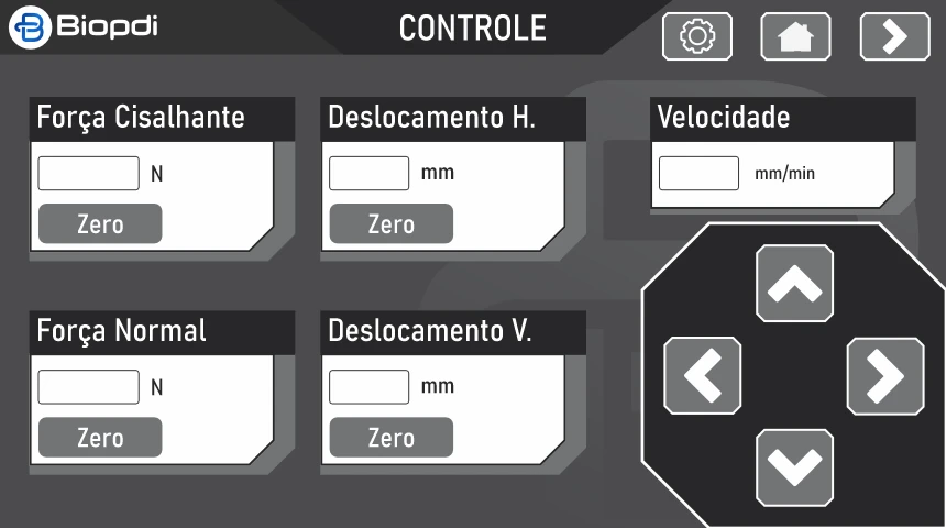 Screen 1 of 8, Control: shear force and normal force in N, horizontal and vertical displacements in mm, each with a zero button, speed in mm/min and arrows to move the axes