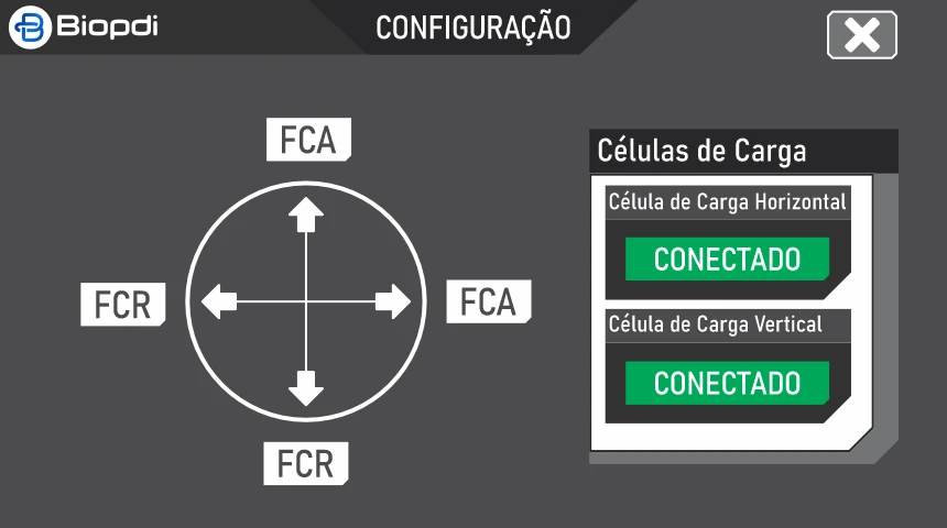 Screen 2 of 8, Settings: forward and reverse limit switches (FCA and FCR) of both axes and status of the horizontal and vertical load cells, shown as connected