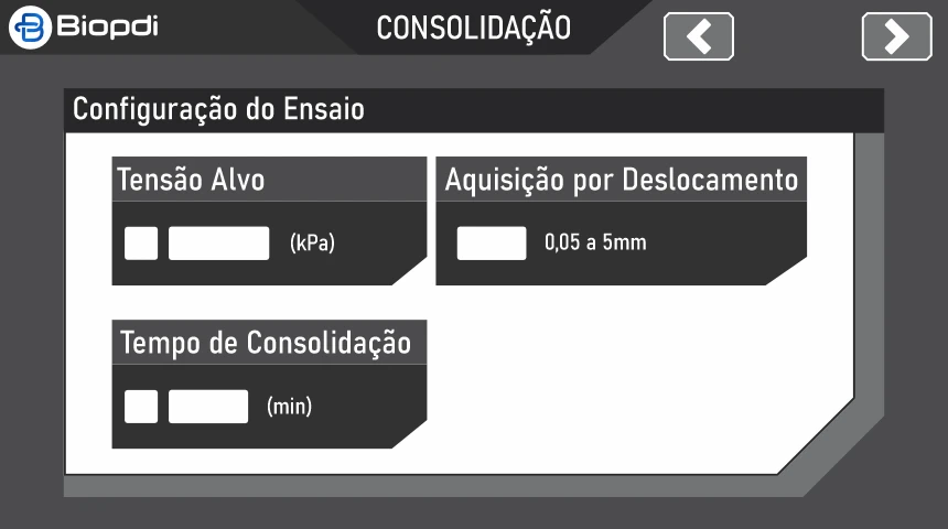 Screen 4 of 8, Consolidation: target stress in kPa, consolidation time in minutes and acquisition by displacement from 0.05 to 5 mm