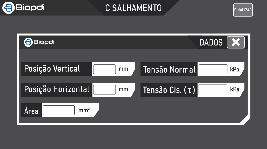 Screen 8 of 8, Test data: vertical and horizontal position in mm, normal stress and shear stress τ in kPa and corrected specimen area in mm²