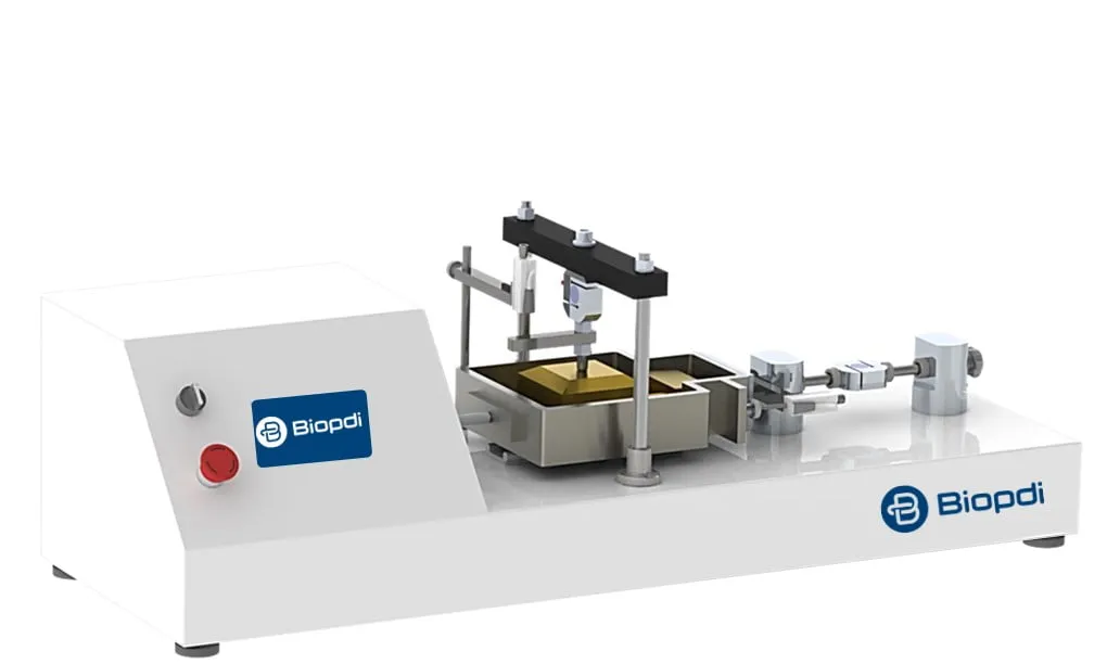Biopdi automatic electric benchtop direct shear apparatus, with the shear box and the touchscreen control panel