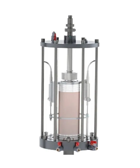Biopdi dynamic triaxial cell with a soil test specimen and two displacement sensors