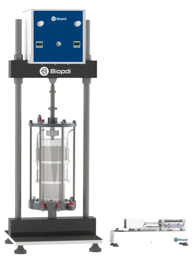 Biopdi two-column dynamic triaxial press, with the acrylic triaxial cell in the center and the control box on top