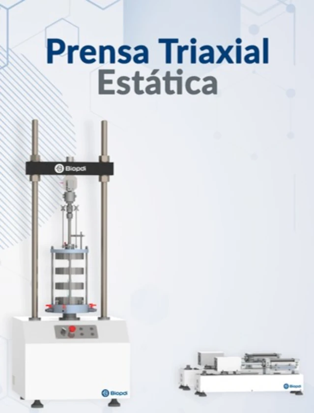 Biopdi twin-column static triaxial testing system with the acrylic triaxial cell in the center and the pressurization system beside it