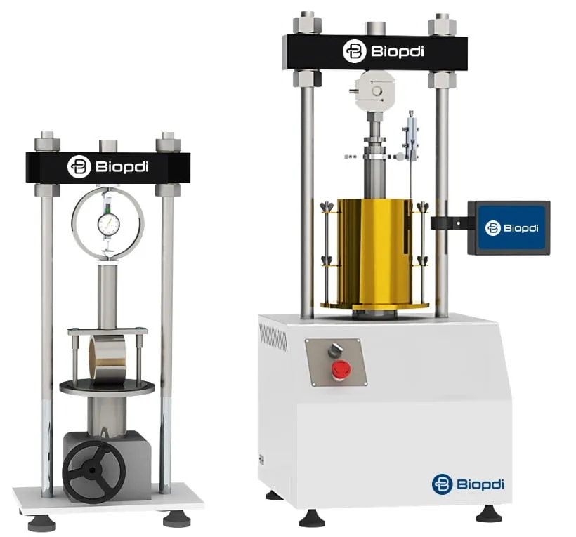 Biopdi CBR/Marshall test presses in the manual version, with a proving ring, and the electric automatic version, with load cell, LVDT and touchscreen display