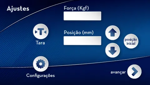 Settings screen of the CBR and Marshall test press: tare, force in kgf, position in mm and return to the start position