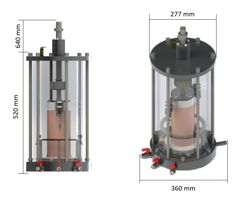 Dimension drawing of the Biopdi dynamic triaxial cell: height of 520 mm, 640 mm with the load cell, Ø277 mm and 360 mm with the valves