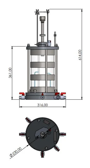 Dimension drawing of the Biopdi CTE-16b 3-inch static triaxial cell: 614 mm high and Ø230 mm