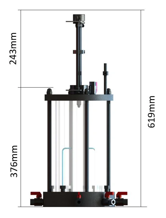 Dimension drawing of the Biopdi 4-inch static triaxial cell: 619 mm high and Ø230 mm