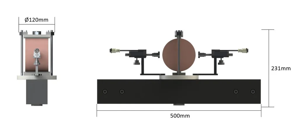 Dimensions of the Biopdi diametral compression fixture: 500 mm long, 231 mm high and Ø120 mm