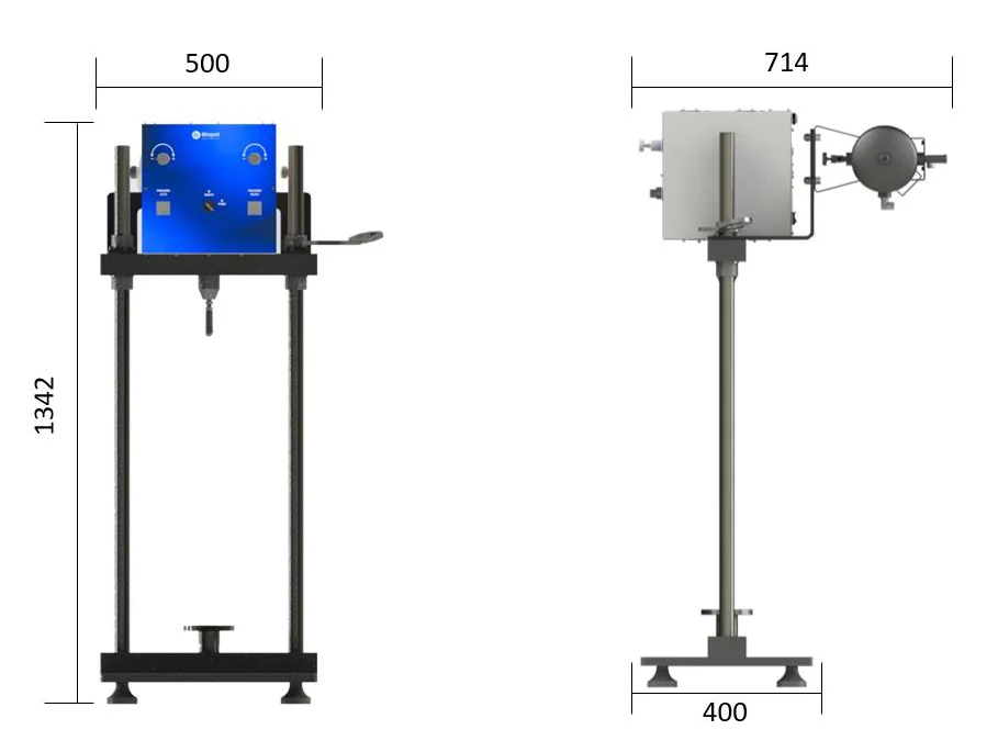 Dimension drawing of the Biopdi dynamic triaxial testing machine: height of 1,342 mm, width of 500 mm and length of 714 mm