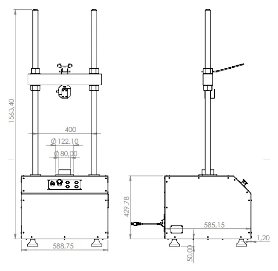 Dimension drawing of the Biopdi static triaxial press: overall height of 1,563.40 mm, width of 588.75 mm and 400 mm between columns