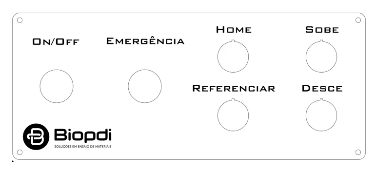 Front panel of the Biopdi static triaxial testing machine with On/Off, Emergency, Home, Reference, Up and Down buttons