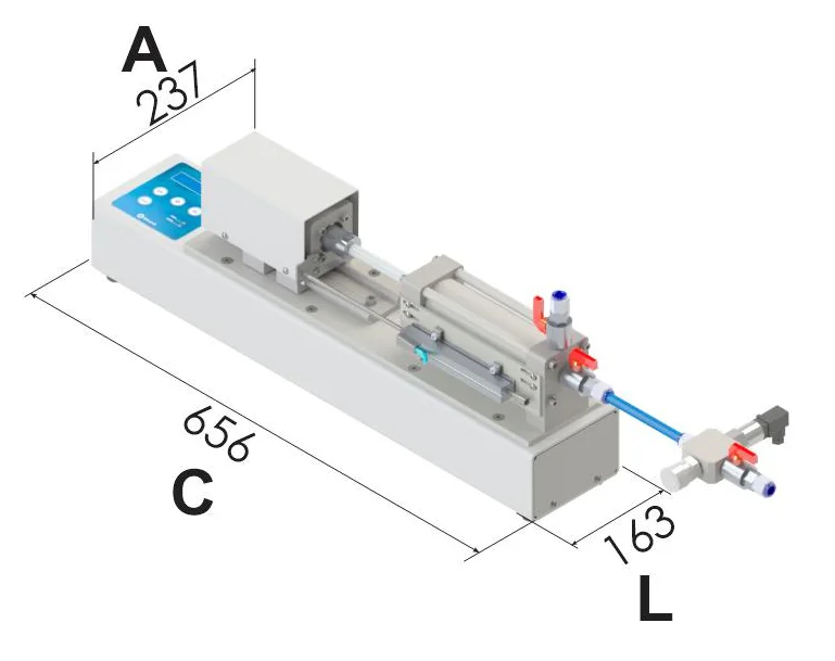 Dimensions of the Biopdi 1,600 kPa pressure controller: 656 mm long, 163 mm wide and 237 mm high