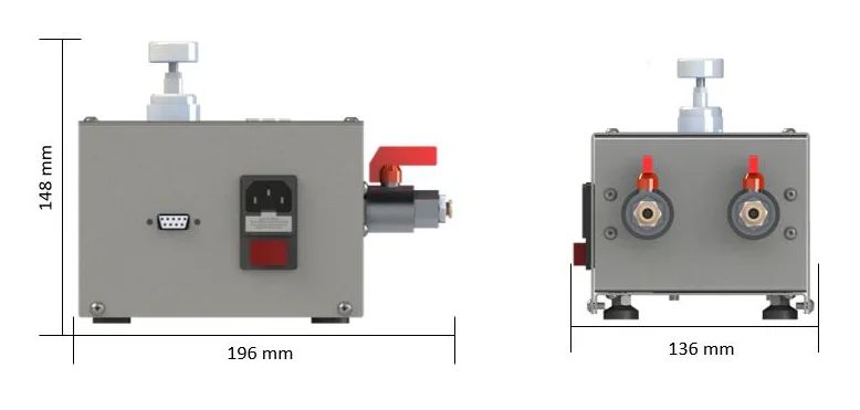 Dimensions of the Biopdi pneumatic pressure controller: 196 mm long, 136 mm wide and 148 mm high
