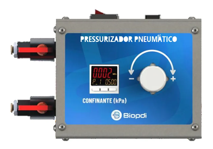 Front panel of the Biopdi pneumatic pressure controller with the confining pressure gauge in kPa and the pressure regulator