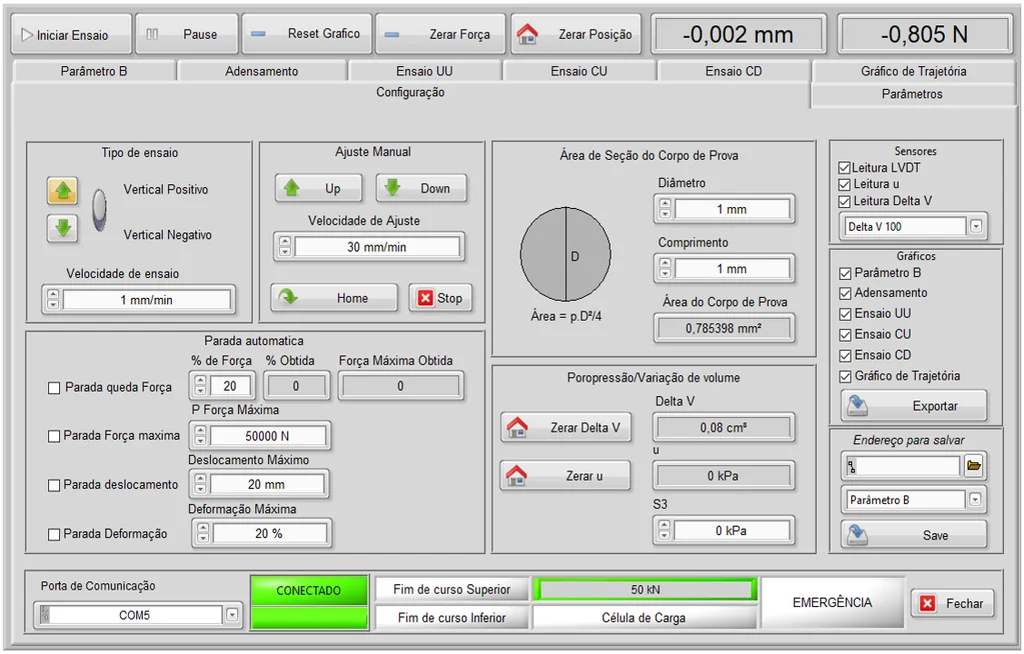 Configuration screen of the Biopdi static triaxial testing machine software with the machine connected and a 50 kN load cell