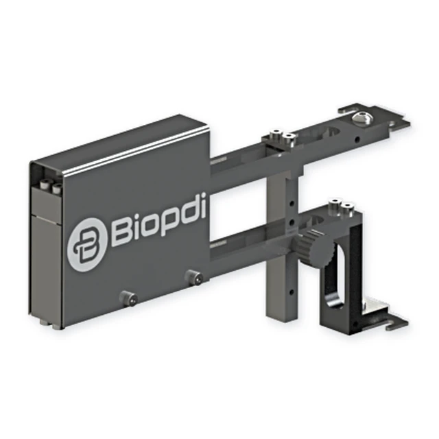 Biopdi clip-on extensometer for universal testing machines, showing the transducer housing and the arms with the knife edges that clamp onto the specimen
