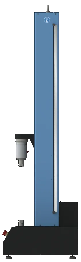 Side view of the Biopdi MBIOI-10-M2 extended-column universal testing machine, showing the cantilevered crosshead and the load cell in front of the column