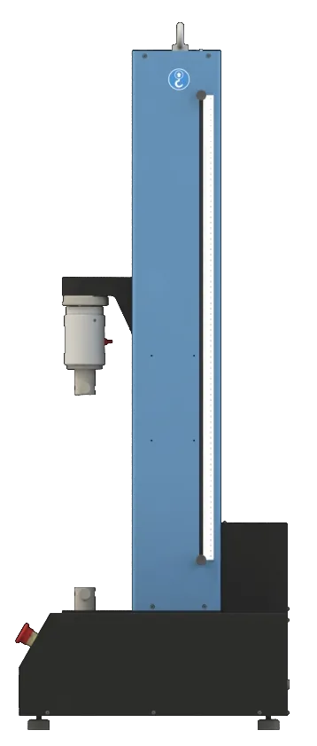 Side view of the Biopdi MBIOI-10-M2 single-column universal testing machine, showing the cantilevered crosshead and the load cell in front of the column